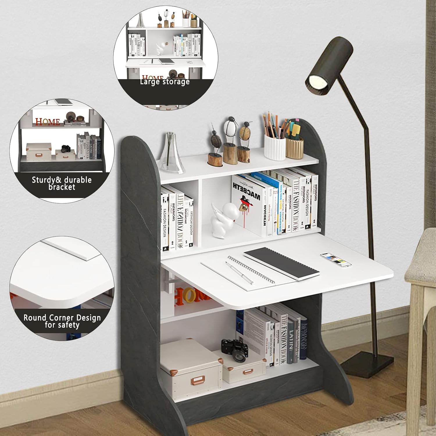 Pmnianhua Folding Wall Desk, Space Saving Removable Wall Desks with Storage Shelf Study Writing Table Freestanding Desk for Bedroom Small Space