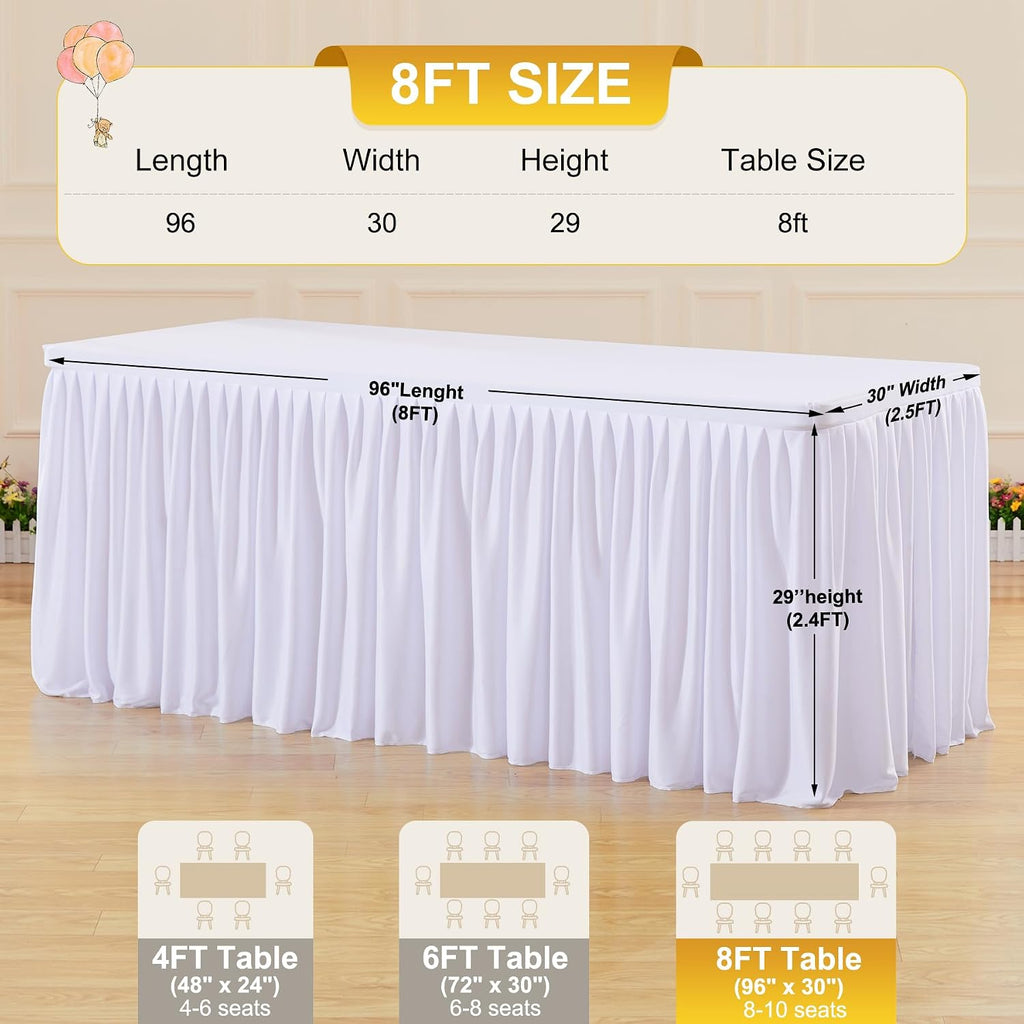 6 Packs White Tableclothes for 8 Foot Rectangle Tables, Wrinkle Free Fitted Table Cloth 8ft Stretch Table Cover with Skirt for Parties Weddings Birthday Banquet Baby Shower