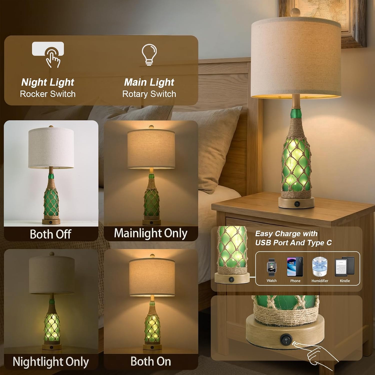 OYEARS 23'' Boho Table Lamps with Night Light for Living Room, Bedside Lamps Set of 2 with A+C Charging Ports for Bedroom, Farmhouse USB Lamps for Nightstand Console, Glass Bottle Rope Base, Green