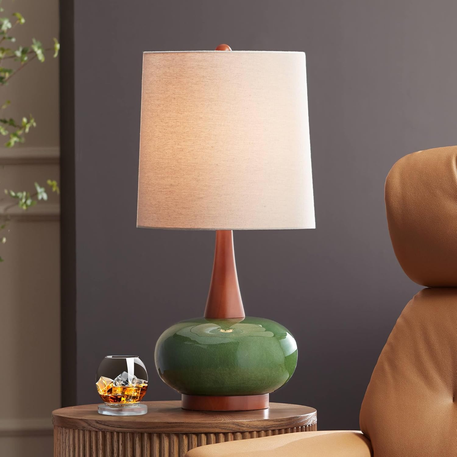 360 Lighting Andi 25' High Mid Century Modern 3-Way Table Lamp Green Ceramic Wood Finish Single Fabric White Shade Cottage Core Living Room Bedroom Bedside Nightstand House Office Colors May Vary