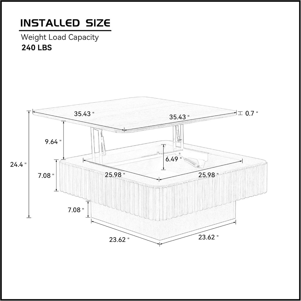 35.43'' Square Coffee Table with Lifting Top for Living Room Lift Top Coffee Table with Storage Larger Fluted Coffee Tables Modern Smart Center Tables for Apartment Black Wood