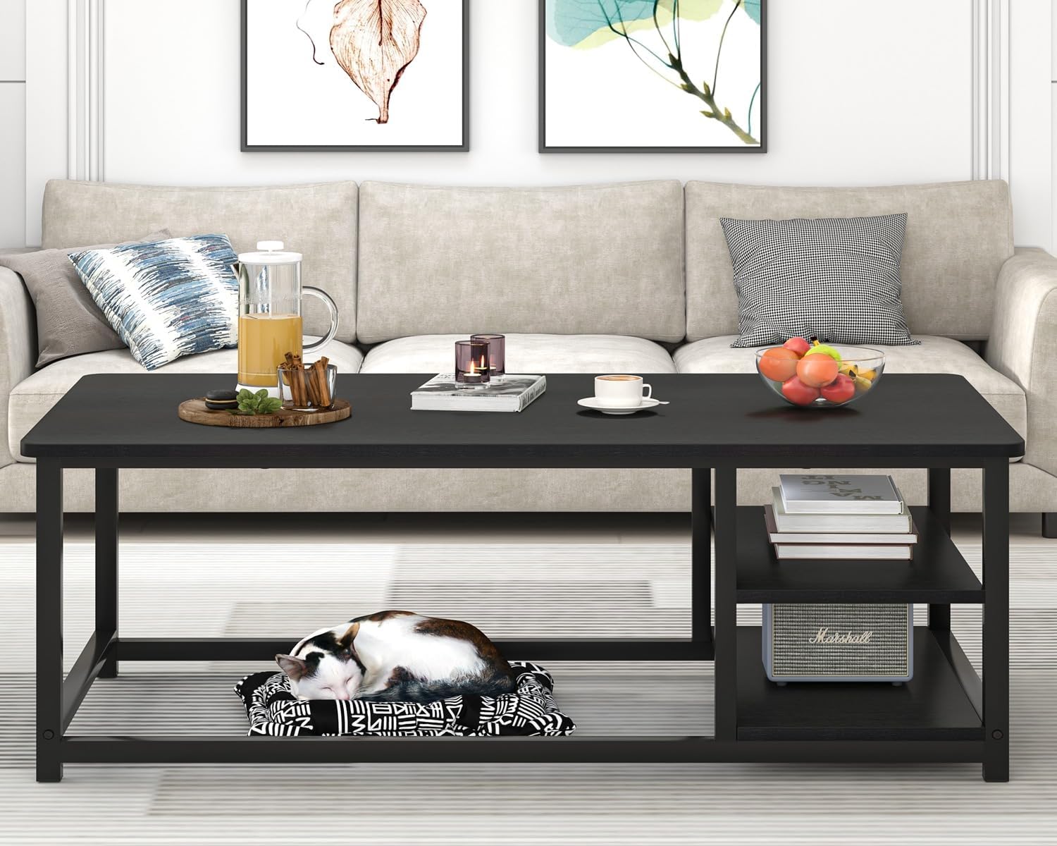 EXCEFUR Black Coffee Table, Rustic Wood Living Room Table with Storage Shelf, Modern Rectangle Center Table, 47 Inch