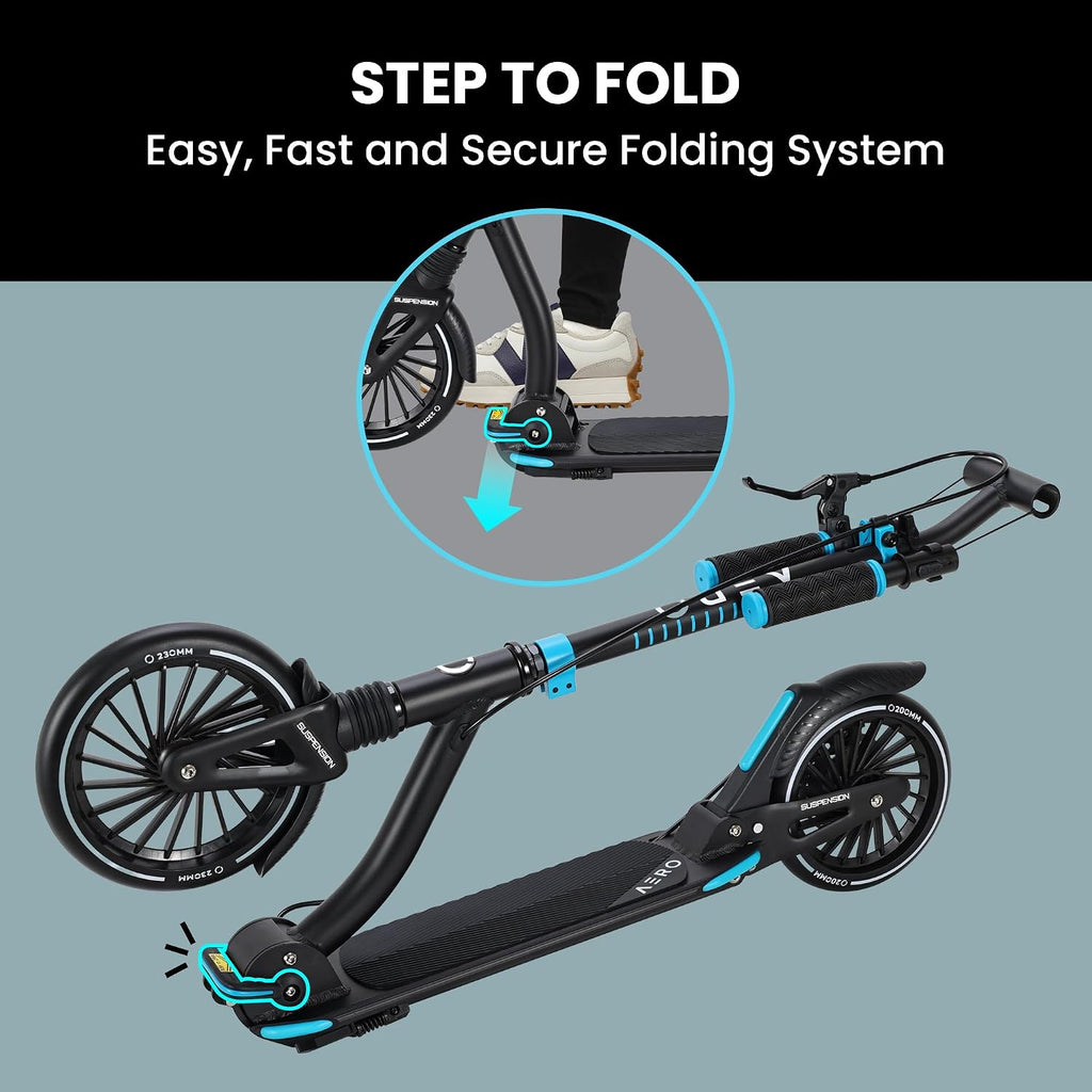 AERO MOBILITY Big Wheel Kick Scooter for Kids 6-12, Teens & Adults | Light Up Wheels | Hand Controlled Brake | Shock Absorption | Rubber Deck Mat | Foldable & Height Adjustable