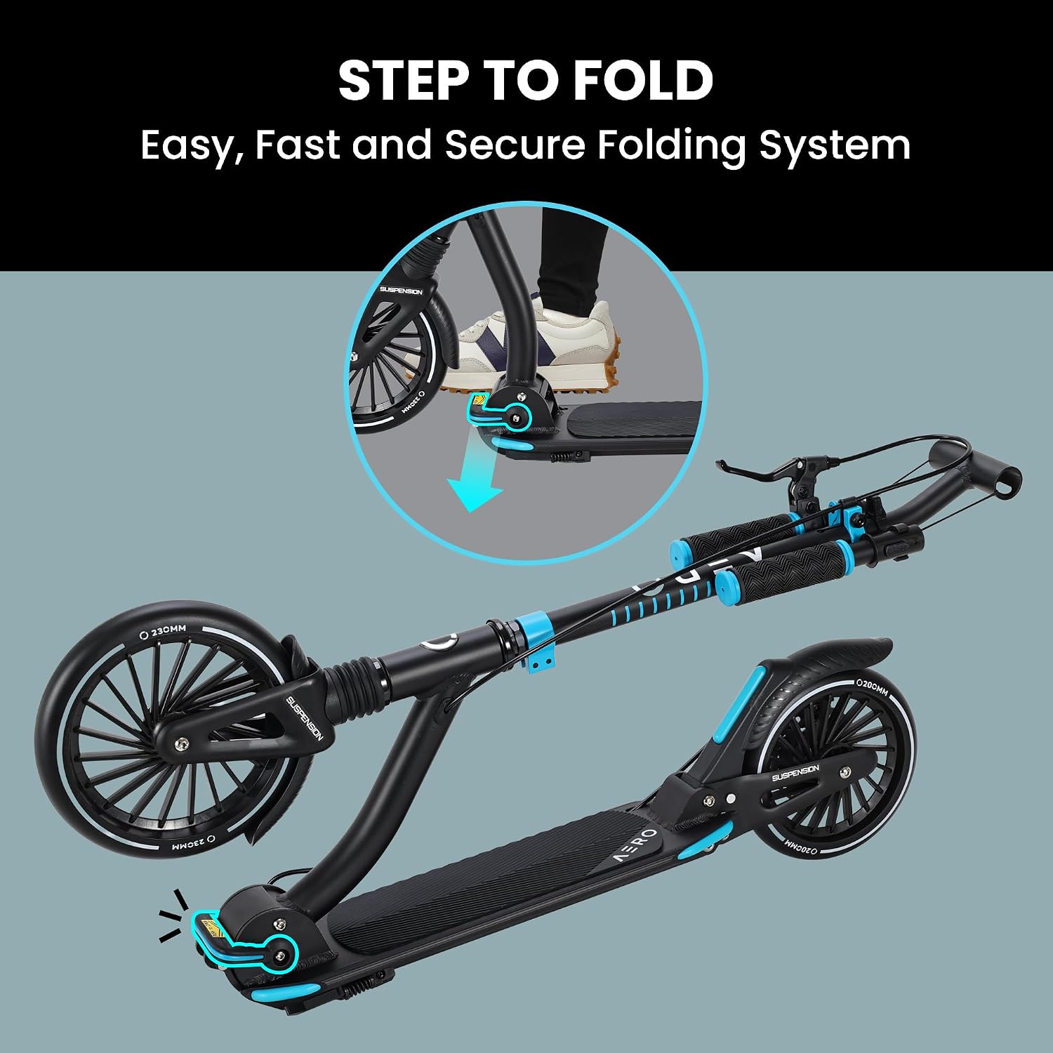 AERO MOBILITY Big Wheel Kick Scooter for Kids 6-12, Teens & Adults | Light Up Wheels | Hand Controlled Brake | Shock Absorption | Rubber Deck Mat | Foldable & Height Adjustable