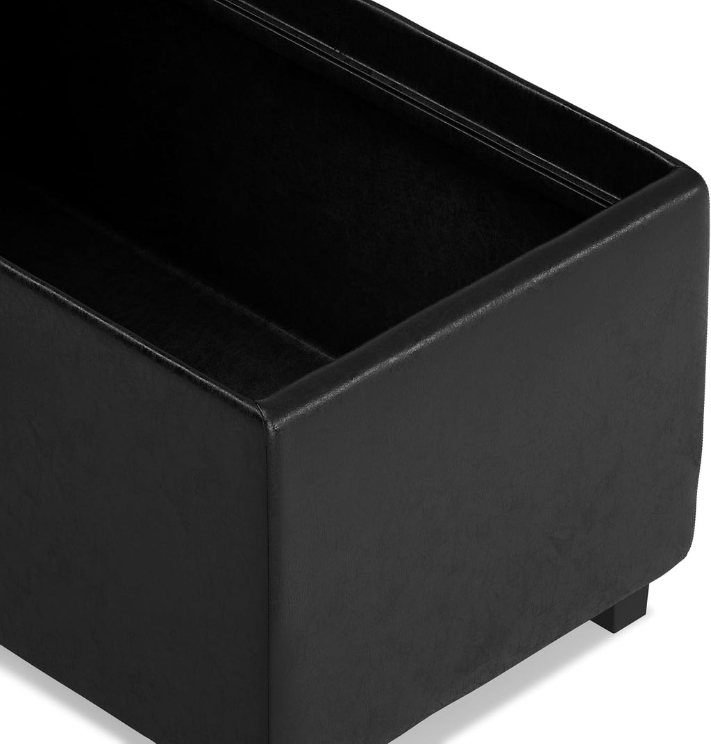 SIMPLIHOME Avalon Storage Ottoman - 42 inch Wide Upholstered Vegan Leather Rectangular Flip-Top Ottoman in Distressed Black, Contemporary Coffee Table Ottoman for Living Room with Hidden Storage