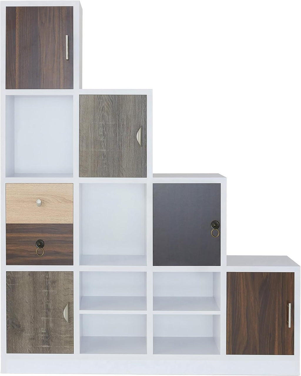 HOMES: Inside + Out Catrina Modern 10-Cube Storage Bookcase with Drawer, L Shaped Ladder Corner Staircase Display Shelves, 4-Tier Organizer Shelf for Living Room , Bedroom, Office, Apartment, White