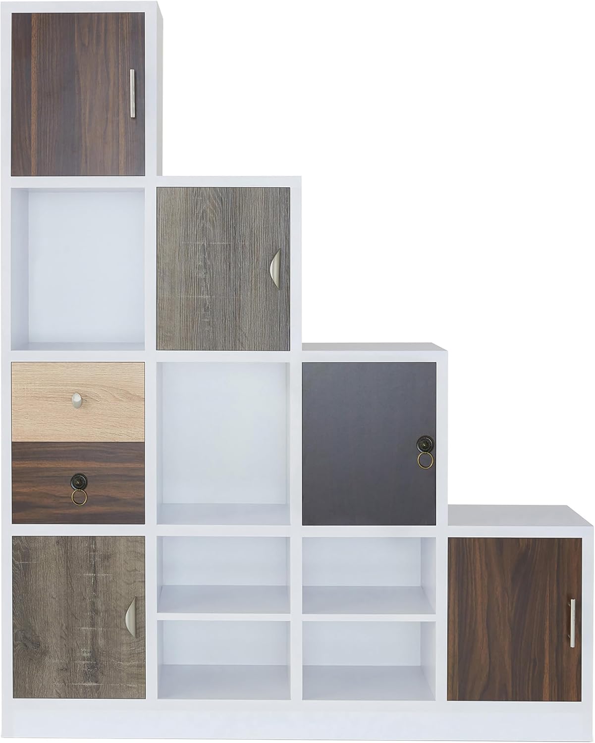 HOMES: Inside + Out Catrina Modern 10-Cube Storage Bookcase with Drawer, L Shaped Ladder Corner Staircase Display Shelves, 4-Tier Organizer Shelf for Living Room , Bedroom, Office, Apartment, White