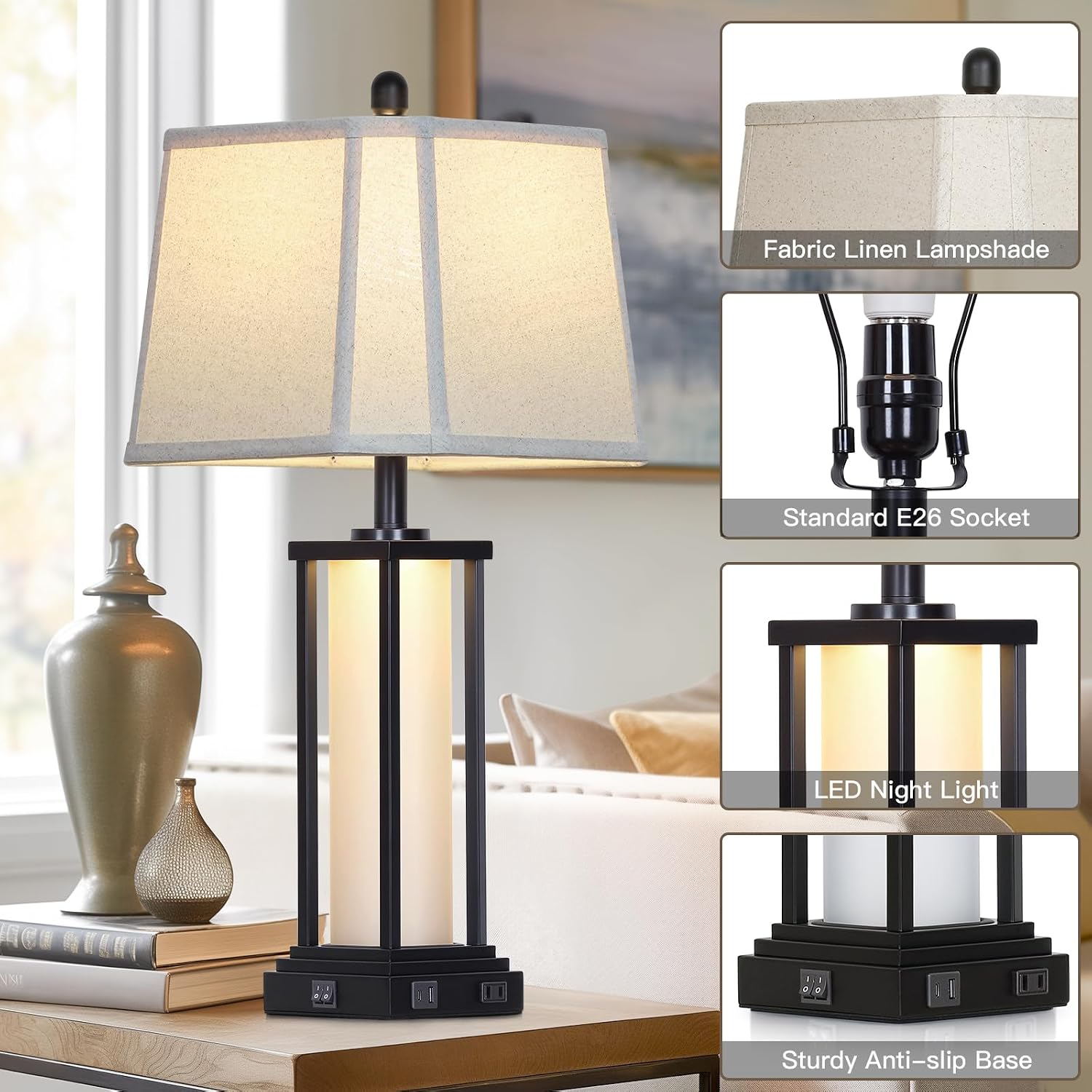 Cinkeda 27' Tall Vintage Table Lamp Set of 2 with USB C+A & Outlet,Black Industrial End Table Lamp for Living Room,Farmhouse Rustic Bedside Lamps with Bell Lampshades for Bedroom Nightstand,Black