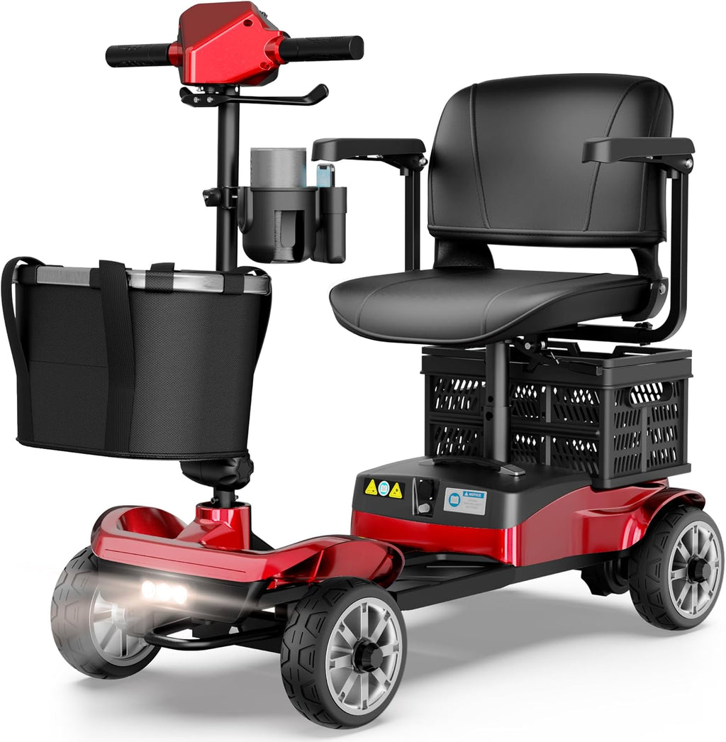 Mobility Scooter for Adults & Seniors with Removable Battery, Cruise & Airport Approved, Foldable Motorized Scooters with Dual Basket, Phone & Cup Holder, Red