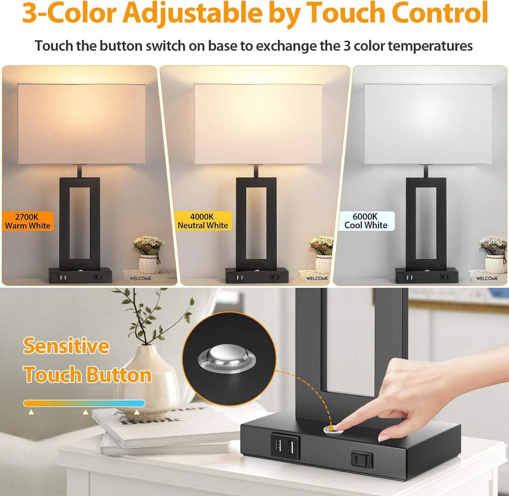 27.2'' Tall Black Table Lamps for Living Room Bedroom, Bedside Touch Control Lamps with 2 USB Ports&AC Outlet, 3 Color Temp.&Stepless Dimming Desk Lamp Sets for Home Office, Pre-assembled White Shade