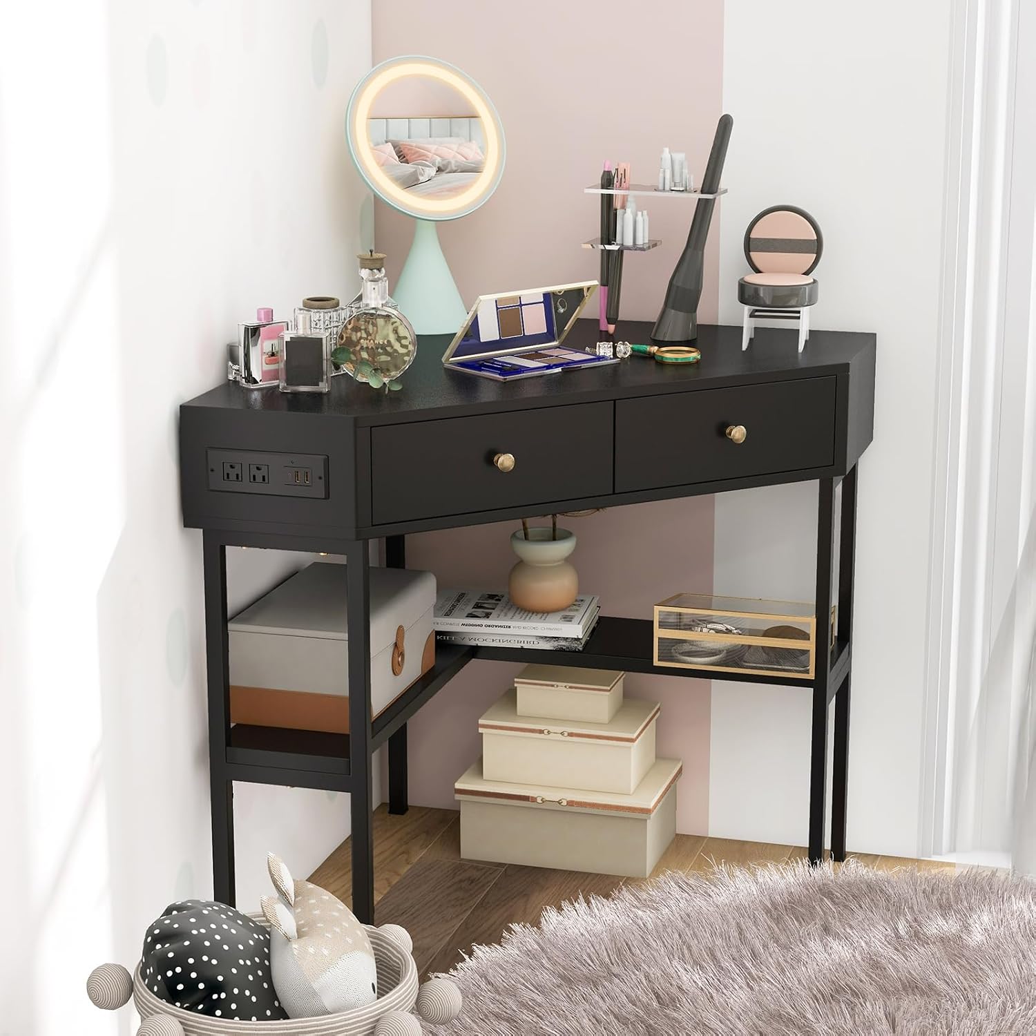 Giantex Corner Desk with Charging Station, 90 Degree Triangle Computer Desk with 2 Drawers & Storage Shelf, L-Shaped Writing Desk Makeup Vanity Table, Compact Corner Desk for Small Spaces (Black)