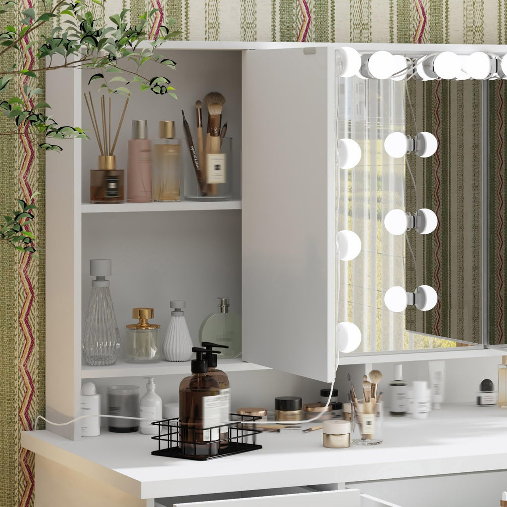 Timechee Vanity Mirror with Lights, Makeup Corner Vanity Desk Set with 9 Storage Drawers, 4 Large Shelves, 3 Color Lighting Options, Small Bulbs for Bedroom, White