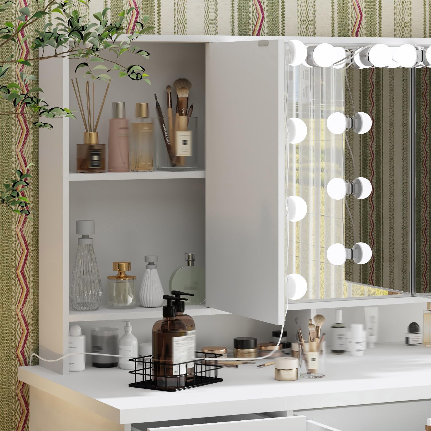 Timechee Vanity Mirror with Lights, Makeup Corner Vanity Desk Set with 9 Storage Drawers, 4 Large Shelves, 3 Color Lighting Options, Small Bulbs for Bedroom, White
