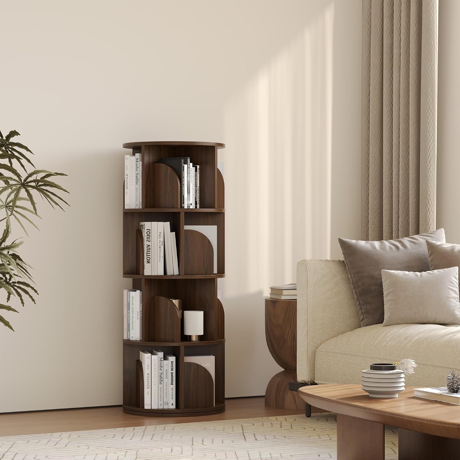 YOWOS Rotating Bookshelf, Small Corner Bookshelf for Small Space, 360 Display Floor Standing Bookcase Storage Rack, Wood Narrow Book Shelf Organizer for Bedroom, Living Room (Walnut, 4 Tiers)