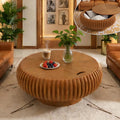 31.49'' Round Fluted Coffee Table with Storage, Modern Wooden Drum Coffee Table, Circle Center Table Accent Tea Table with Sturdy Pedestal for Living Room Apartment Small Space (31.49' Storage Brown)