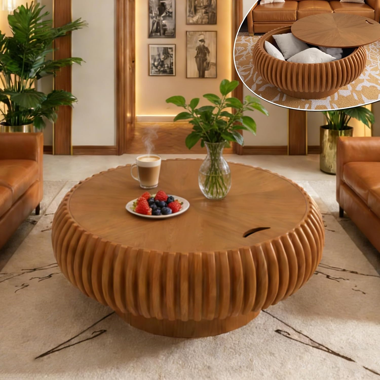 31.49'' Round Fluted Coffee Table with Storage, Modern Wooden Drum Coffee Table, Circle Center Table Accent Tea Table with Sturdy Pedestal for Living Room Apartment Small Space (31.49' Storage Brown)