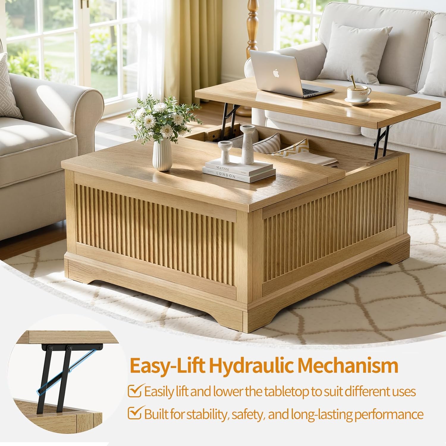 Memobarco Lift Top Coffee Table with Storage,Fluted Coffee Tables with Lifting Top,Modern Farmhouse Square Center Table for Living Room, Home Office, with Hidden Compartment, Flip-Up Lids, Natural Oak