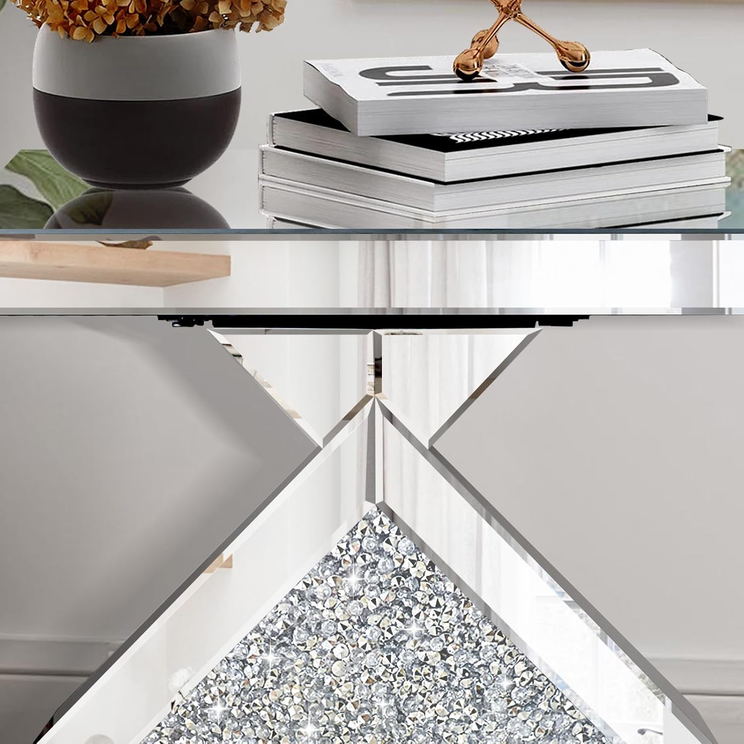 Crushed Diamond Mirrored End Table, Silver Side Accent Table, Small Mirrored Coffee Table for Living Room, Bedroom, 16'x16'x24'