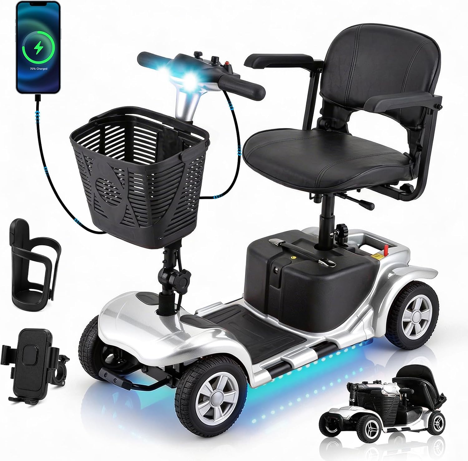 SUNDERWELL Mobility Scooters for Seniors & Adults, Compact Foldable Mobility Scooter with Tool-Free Disassembly, 15 Miles Electric Powered Mobility Scooters with 300 lb Capacity & USB Port (Silver)