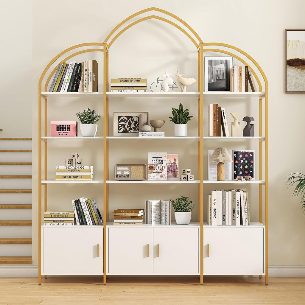 Arched Bookshelves and Bookcases: Triple Wide 5-Tier Large Open Bookshelf, Etagere Bookcase with Display Shelf for Home Office, White and Gold