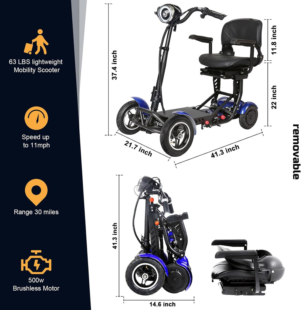 Mobility Scooters for Seniors – 4 Wheel Foldable Portable Electric Scooter, Collapsible & Motorized, 500W Dual Motor, 30-Mile Range, 11 MPH, All-Terrain Folding Mobility Scooter Lightweight for Adults