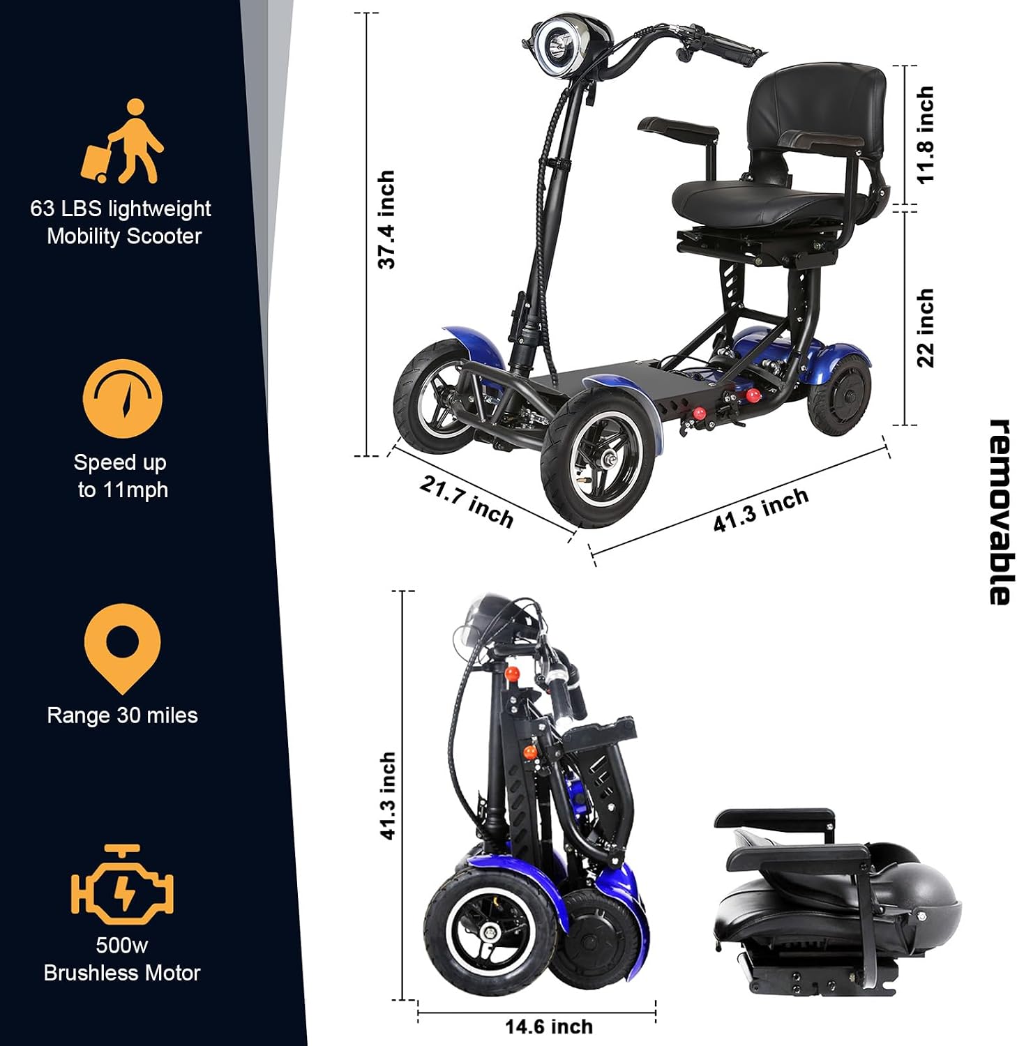 Mobility Scooters for Seniors – 4 Wheel Foldable Portable Electric Scooter, Collapsible & Motorized, 500W Dual Motor, 30-Mile Range, 11 MPH, All-Terrain Folding Mobility Scooter Lightweight for Adults