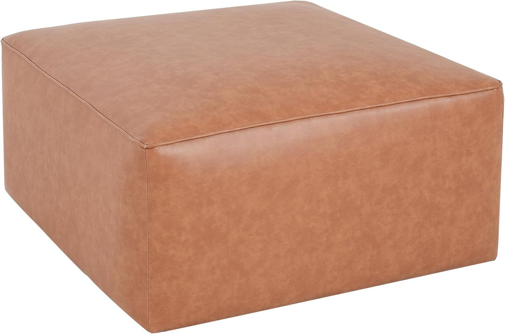 Christopher Knight Home Ellis Faux Leather Ottoman Footstool, Square Pouf Poufee Footrest Ottoman Large Seat, Modern Side Table for Living Room Bedroom Home Decor Gifts, Tan Brown