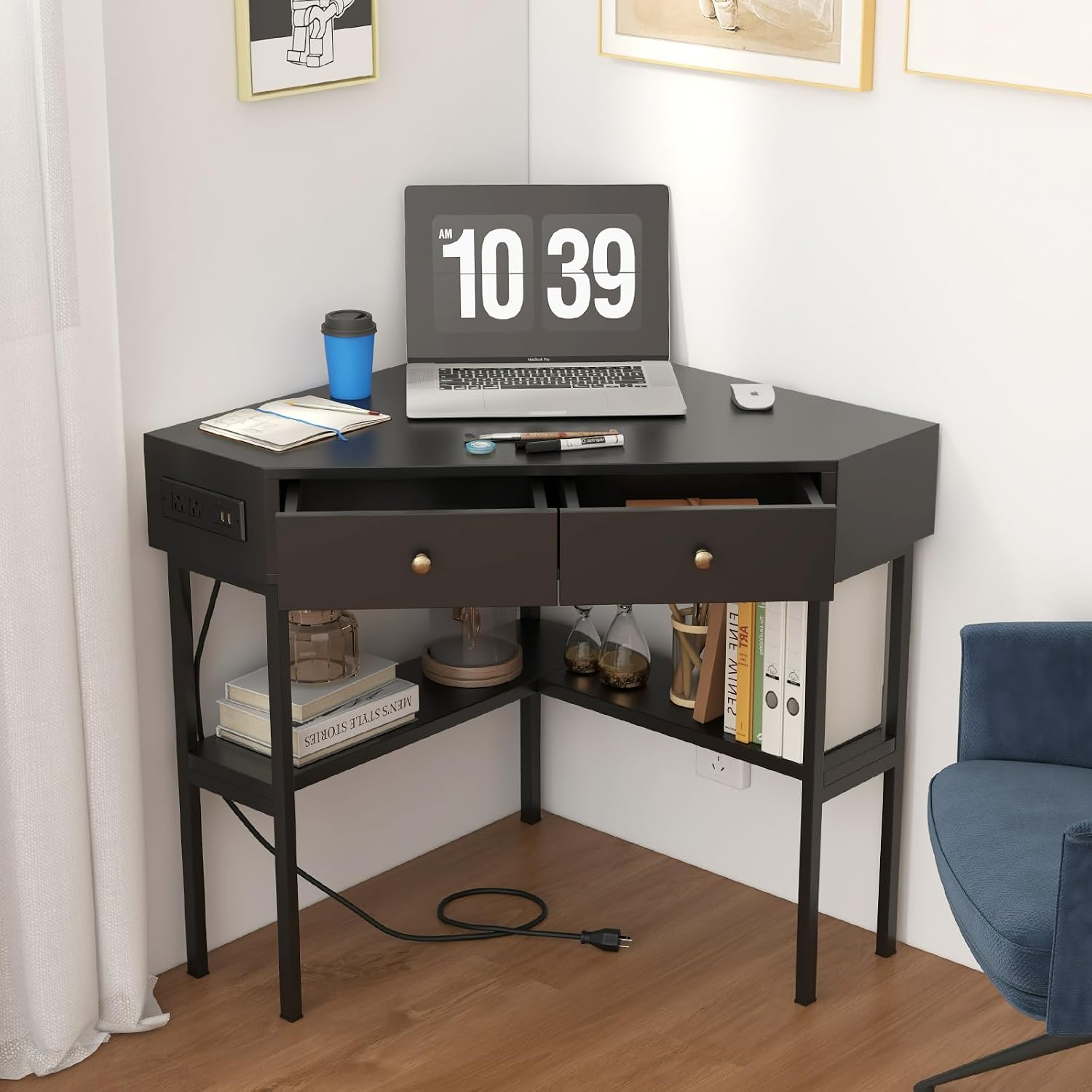 POWERSTONE Corner Desk with Charging Station & 2 Drawers, Space-Saving Makeup Vanity Triangle Computer Desk Workstation with Storage Shelves for Bedroom, Study Black