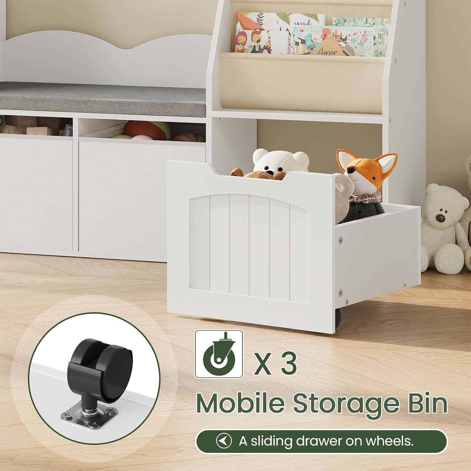 CHOEZON 53.1' Kids Bookshelf with Reading Nook, 4-in-1 Children's Bookcase with Soft Bench, Mobile Drawer & Fabric Bins, Storage Shelves, Bookshelf for Kids, White MCW18WB