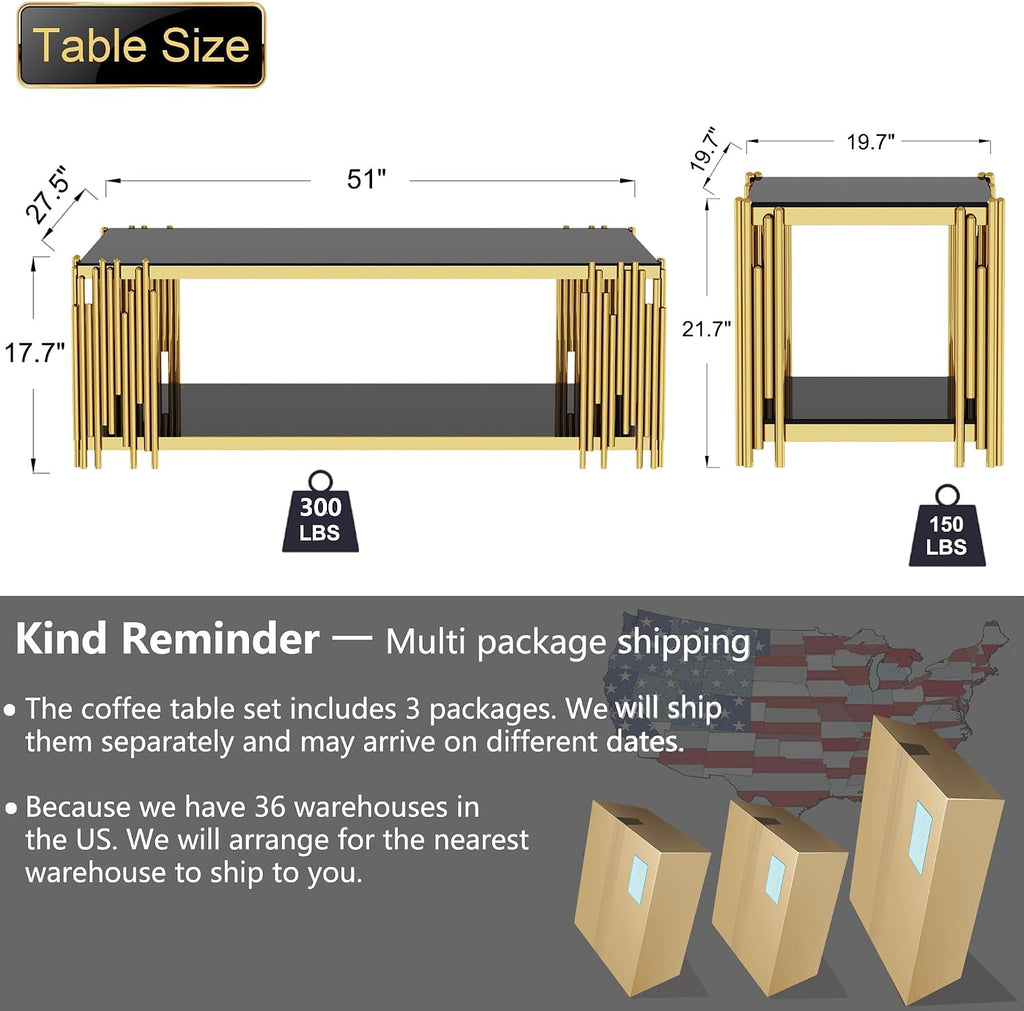51' Black Glass Coffee Table Set of 3, Modern Luxury Gold End Table for Living Room Rectangle Tempered Glass Top Stainless Steel Leg, 20' Square Side Tables, Extra Large Size