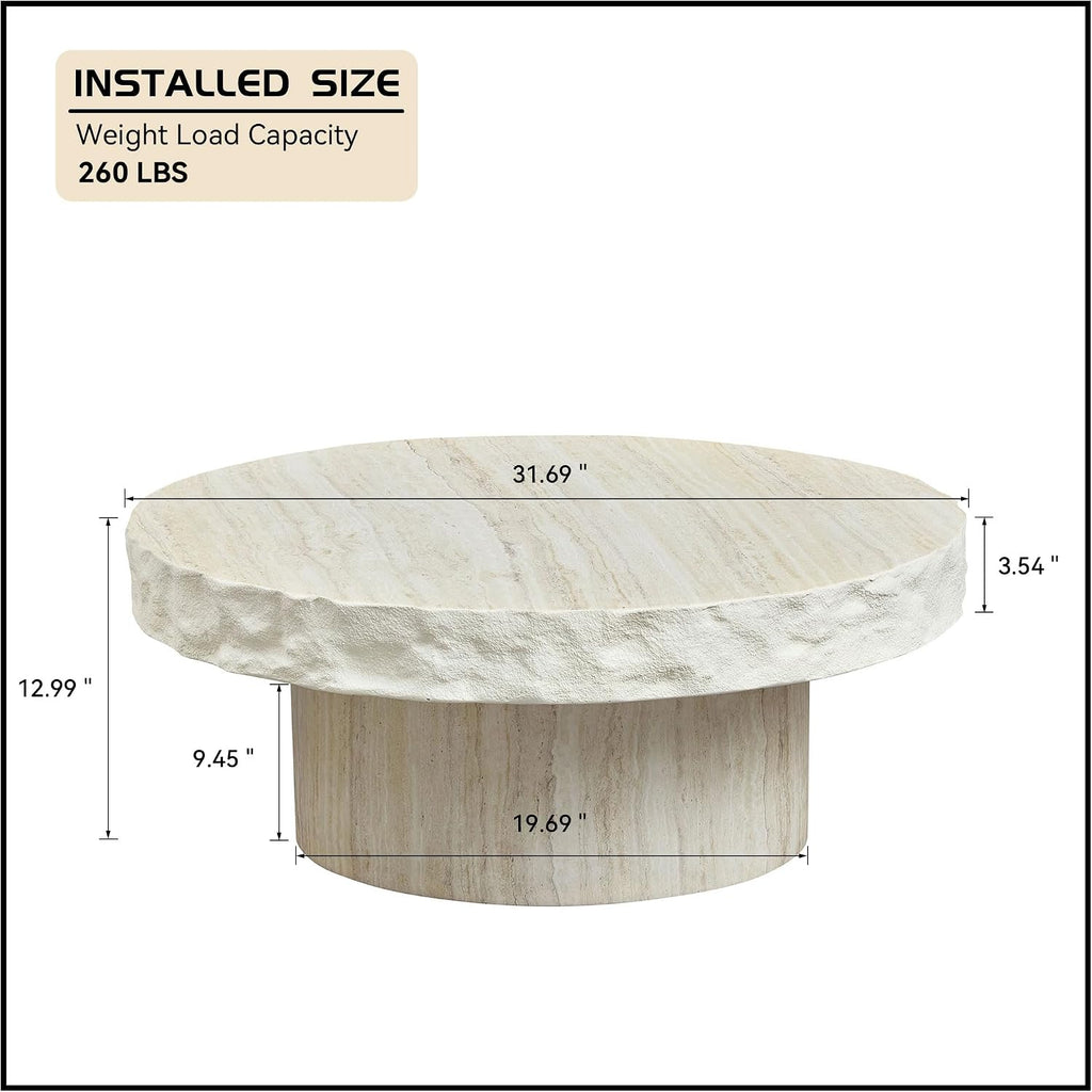 WILLIAMSPACE 31.69' Round Coffee Table with Faux Mars Pattern for Living Room, Modern Fiberglass Circle Travertine Center Table with Base, Faux Stone Tea Table for Apartment, No Need Assembly (Beige)