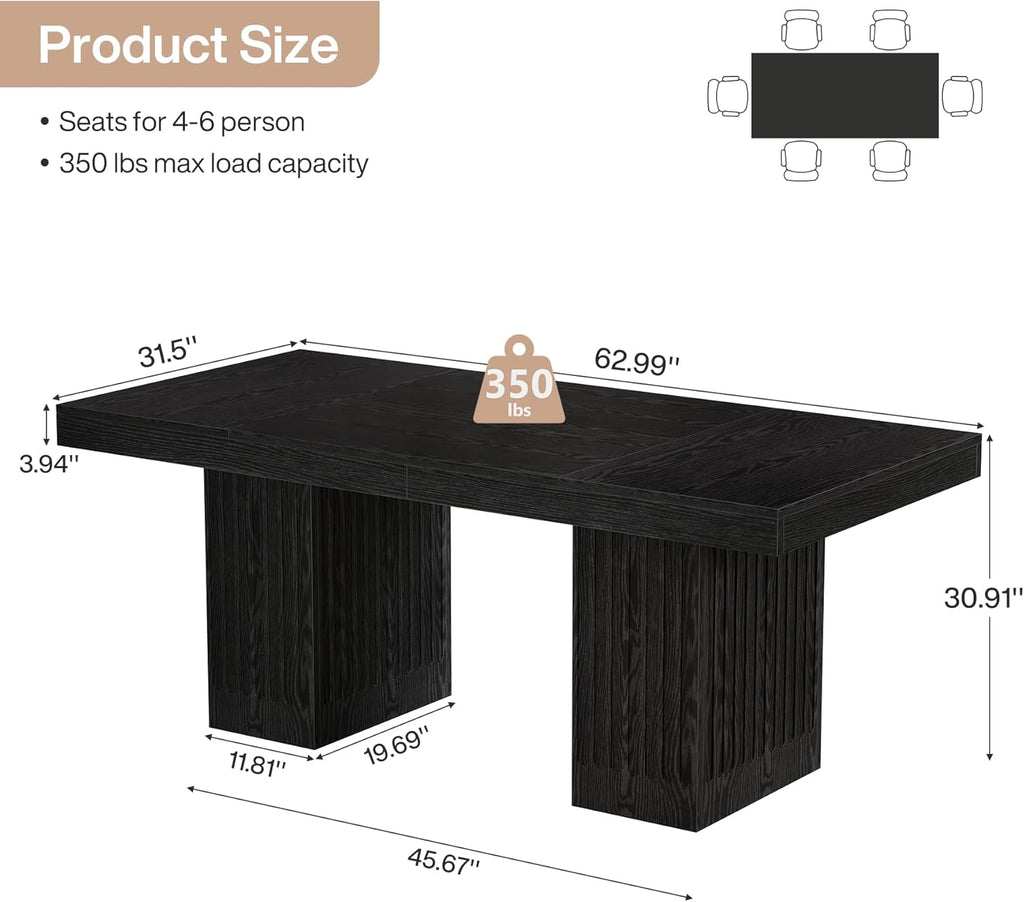 Tribesigns Dining Table for 4-6 People, 63 Inch Modern Rectangle Kitchen Table with Pedestal Base, Large Dinner Furniture for Dining Room, Kitchen, Living Room, Black