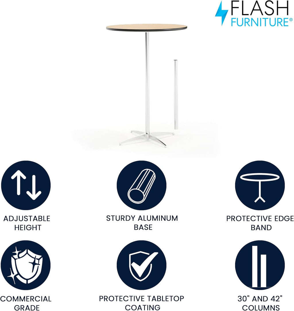 Flash Furniture Lars 30' Round Cocktail Table with 30' and 42' Columns, Adjustable Standard or Bar Height Round Table for Events or Home Use, Natural