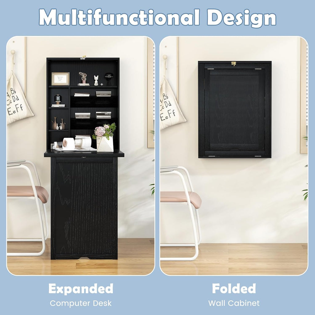 Tangkula Folding Wall Mounted Desk, Convertible Fold Out Floating Table with Storage Shelves, Space-Saving Drop Leaf Table, Murphy Desk for Craft, Study, Small Spaces, Home Office, Dorm, Black
