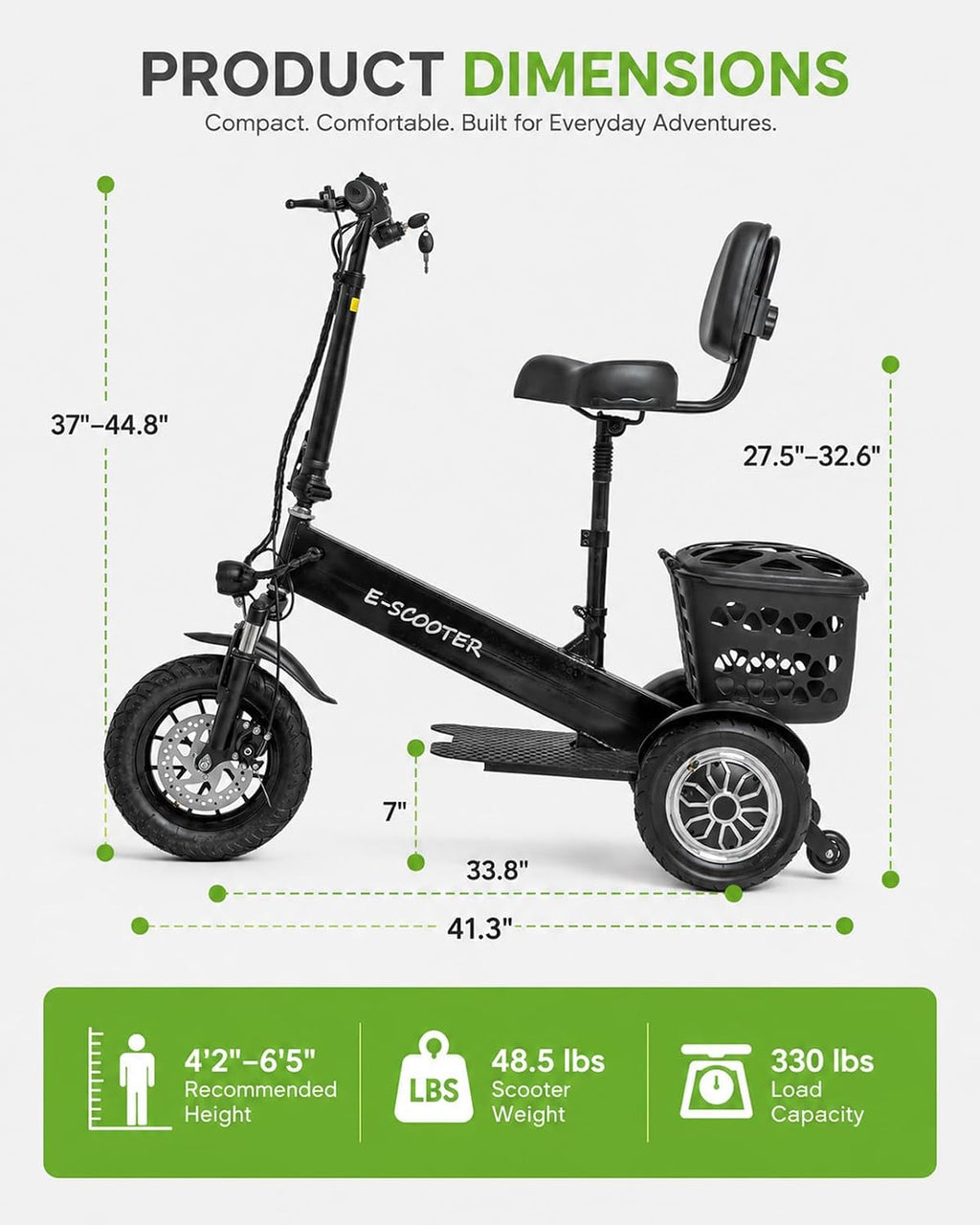 3-Wheel Mobility Scooter for Seniors & Adults, 500W Motor, Long Range | LED Headlight & Removable Basket Adjustable Seat & Handlebar Mobility Device Supports up to 330 lbs