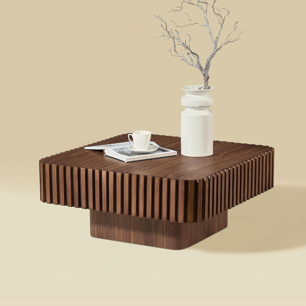 JUSTONE 35-inch Mid-Century Modern Drum Coffee Table, Handcrafted Wood Round Center Table for Living Room, Home Office, Walnut