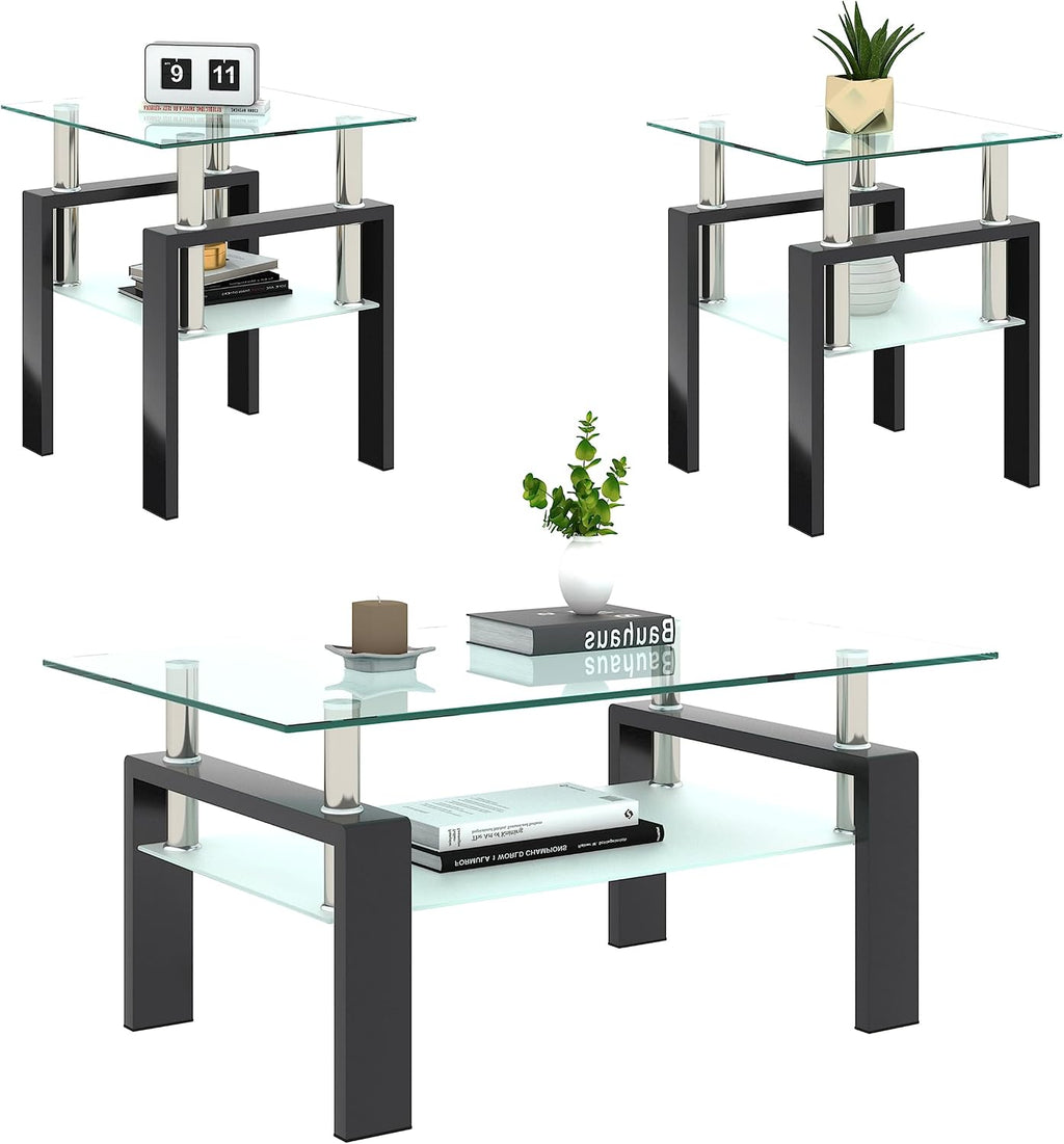 Living Room Tables Set,3 Piece Glass Coffee Table and End Tables Set for Living Room, Coffee Table Set with Tempered Glass Tabletop and Metal Frame for Apartment, Small Space, Black