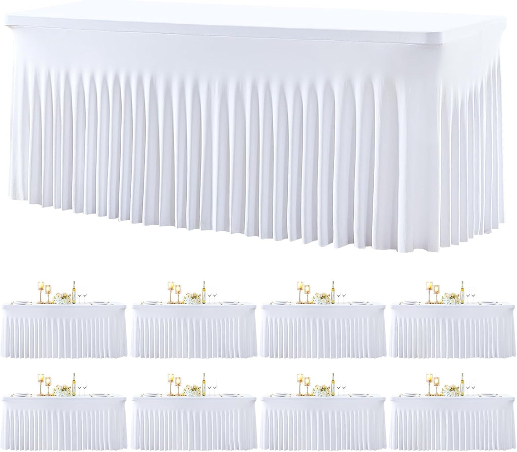 Besutolife 8 Pack White Spandex Tablecloth for 6ft Rectangle Tables Fitted Table Cloth Stretch Table Covers Skirt 6ft Rectangular Tablecloths for Banquet Parties Wedding Decorations