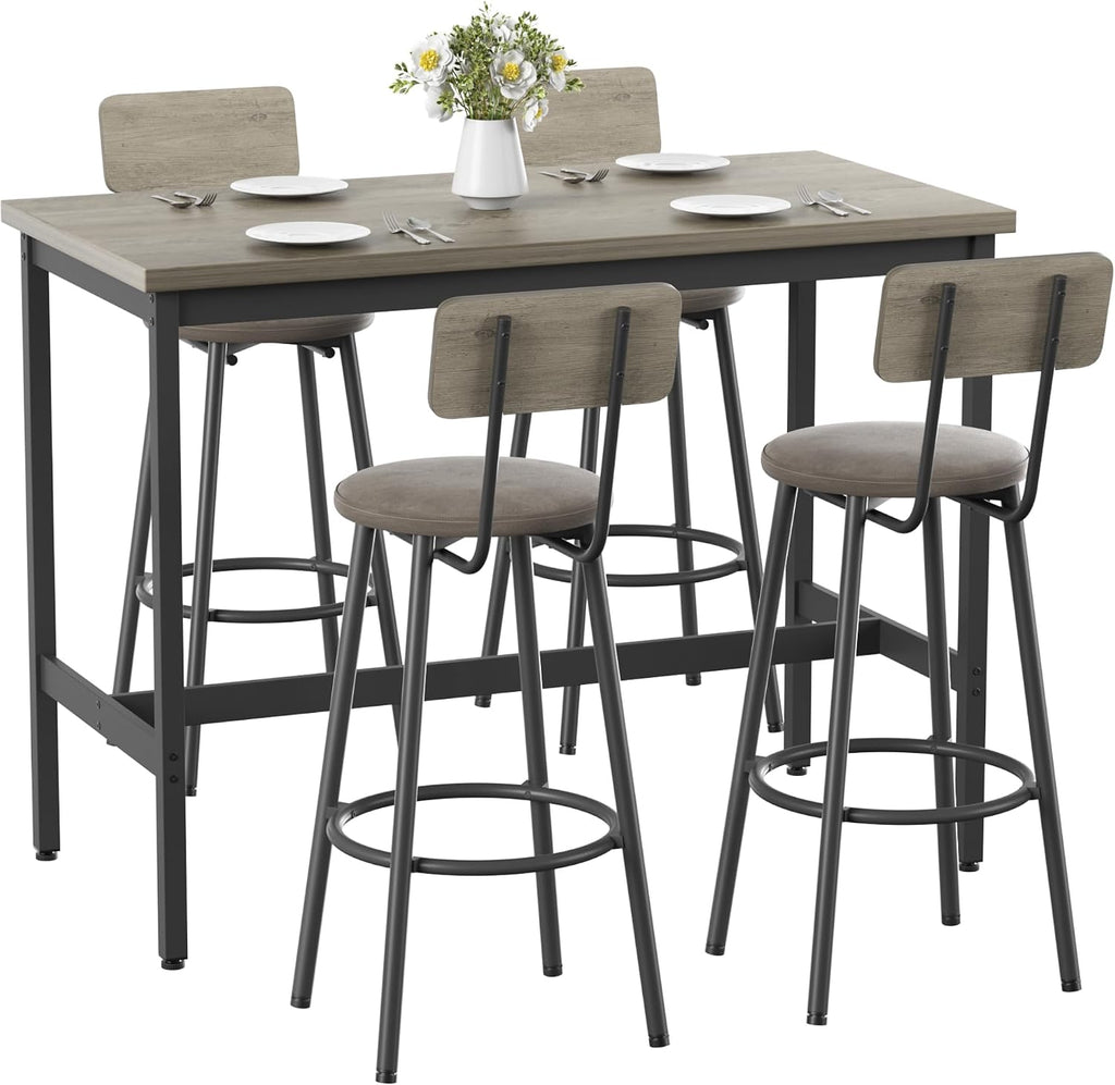 Elevon 47 in Long Bar Table Set with 4 PU Leather Bar Stools, Dining Table and Chair Sets, Industrial Tall Coffee Table and Back Chair for Kitchen, Living Room, Party Room, Pub, Rustic Gray