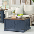 Joaxswe Farmhouse Coffee Table with Large Hidden Storage Compartment, Navy Blue Square Center Table, Wood Rustic Low Modern Living Room Tables with Hinged Lift Brown Top & Wooden Arc Base