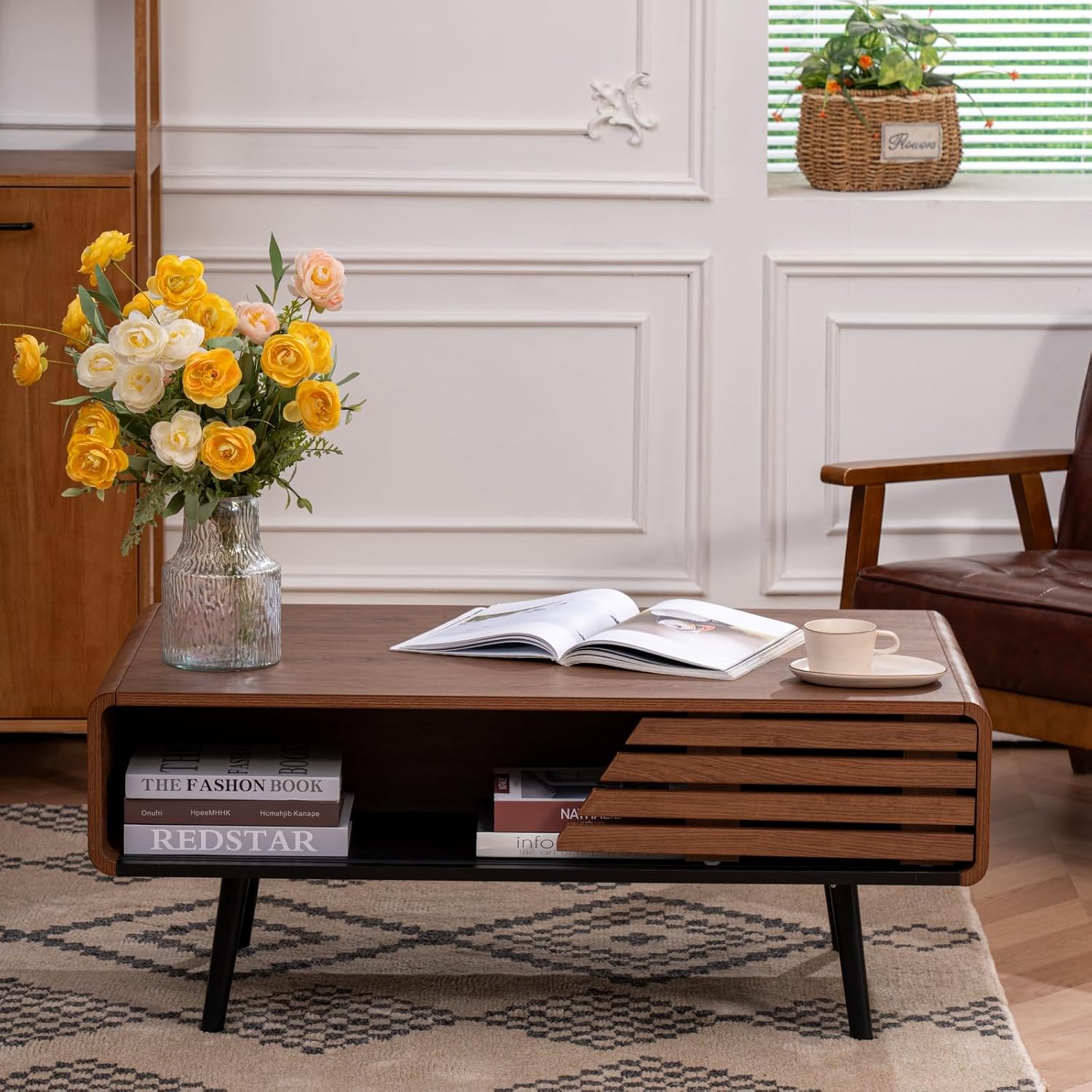 Coffee Table, 40' Modern Coffee Table with Storage and Sliding Door for Living Room, Black and Walnut