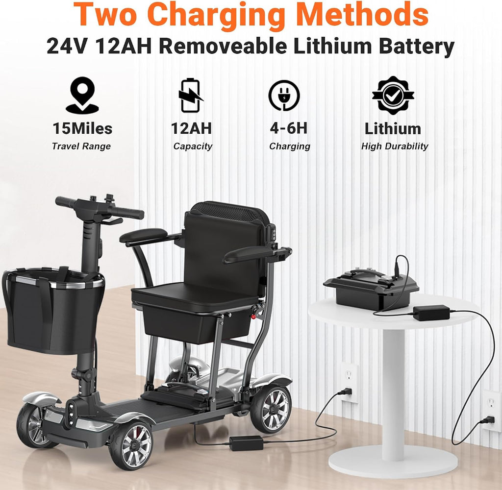 Mobility Scooter for Adults, 4 Wheel Motorized Mobility Scooter w/Portable Aluminium Frame, 350LBS Capacity & Lithium Battery, 15Miles Electric Powered Mobility for Outdoor (Silver, 15 MI)