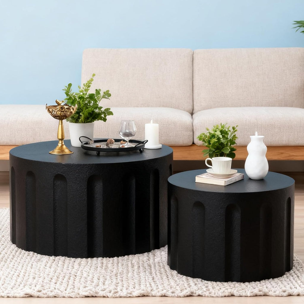 Round Nesting Coffee Table Modern Black Fluted Coffee Table Set of 2 Stripe Round Coffee Tables Drum Crescent Side Table Accent End Table for Living Room (Black D Large)