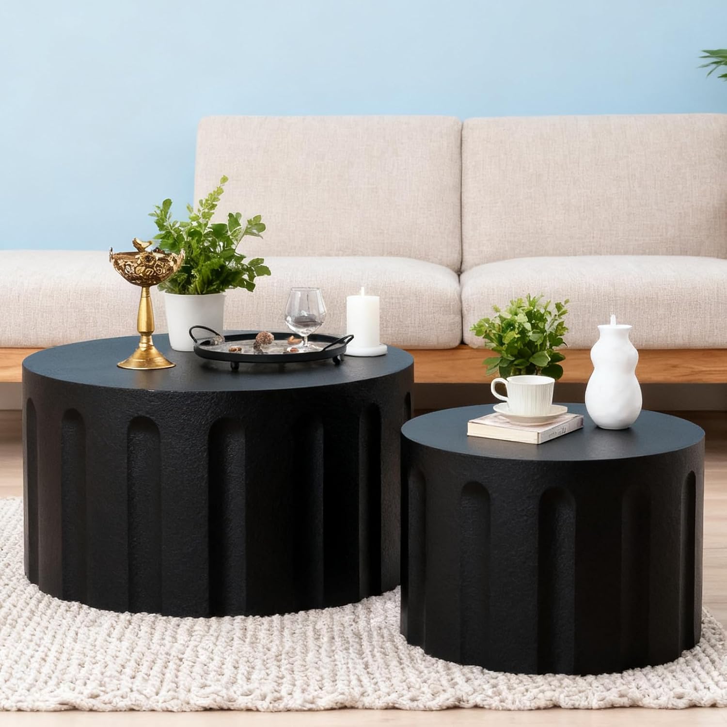 Round Nesting Coffee Table Modern Black Fluted Coffee Table Set of 2 Stripe Round Coffee Tables Drum Crescent Side Table Accent End Table for Living Room (Black D Large)