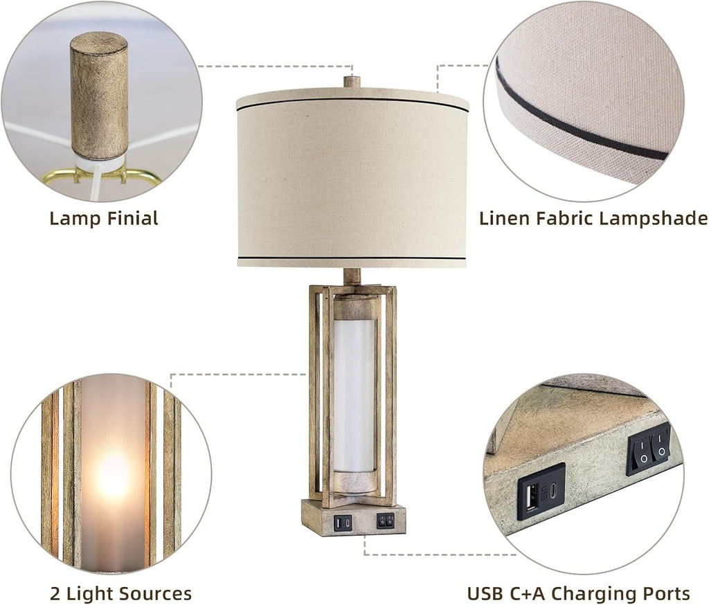 25' Set of 2 Farmhouse Table Lamps for Living Room with USB A+C Ports, Rustic Nightstand Lamp with White Night Light, Vintage Desk Lamp for Entryway Bedroom End Table, 4 Bulbs Included