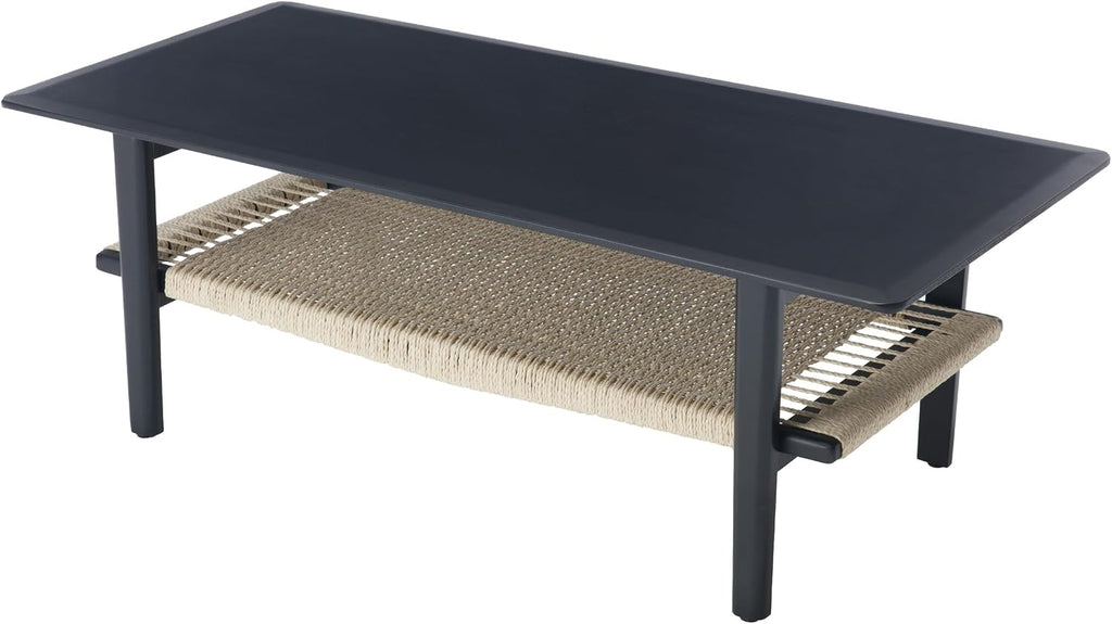 Black Coffee Table for Living Room Farmhouse Coffee Table with Natural Rattan Storage Shelf Large 2-Tier Rectangular Center Table for Living Room Reception