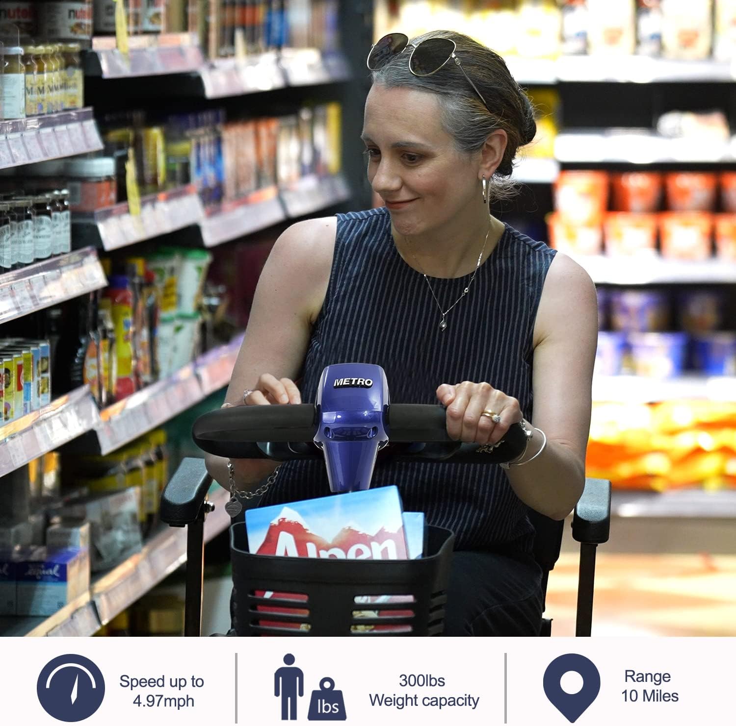 Metro Mobility Scooters, Electric Mobility Scooter for Adults and Seniors, 300 lbs Max Weight, Long Range Power Extended Battery with Charger and Basket-Max Sport Blue
