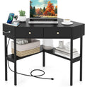 Giantex Corner Desk with Charging Station, 90 Degree Triangle Computer Desk with 2 Drawers & Storage Shelf, L-Shaped Writing Desk Makeup Vanity Table, Compact Corner Desk for Small Spaces (Black)