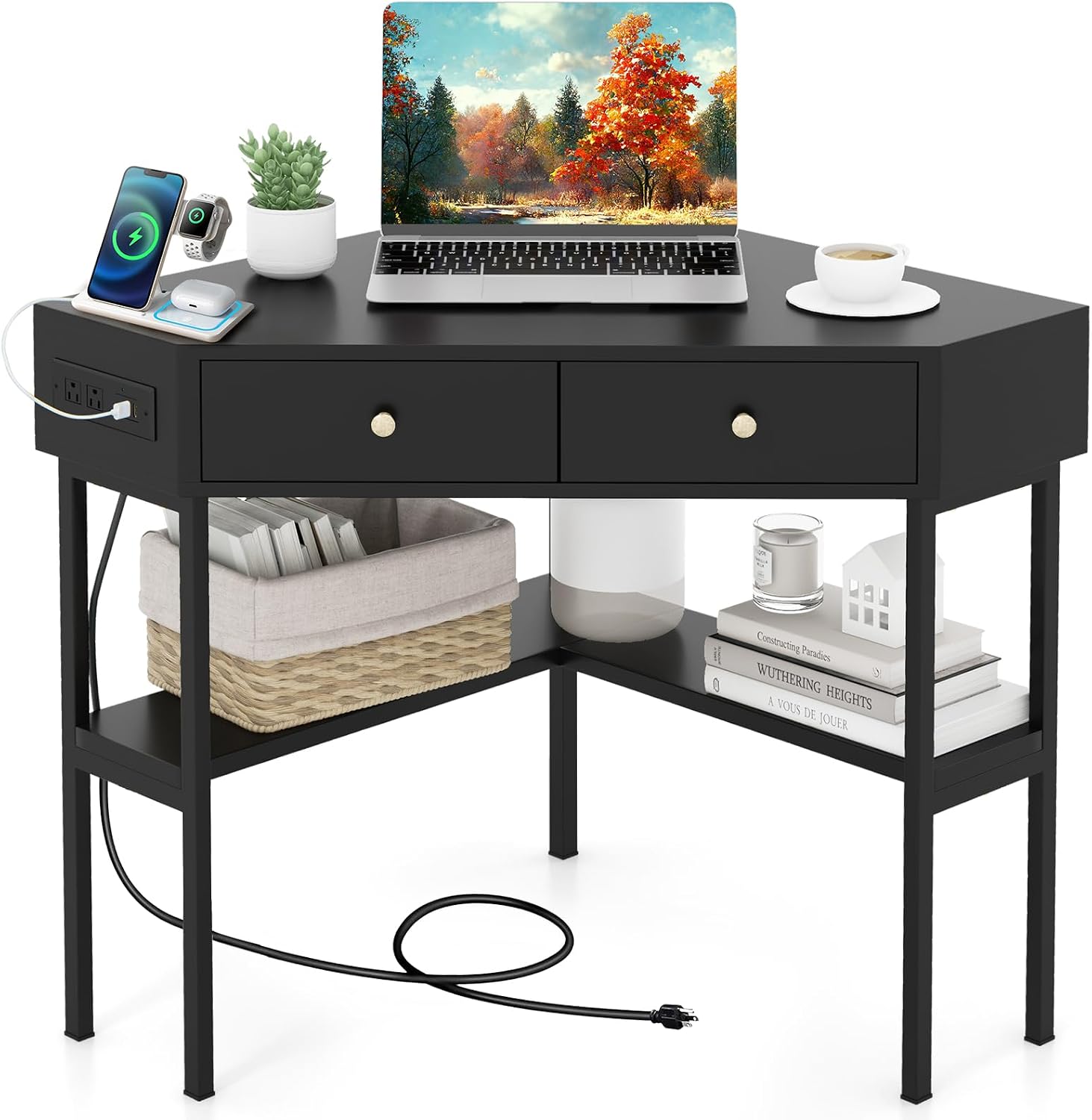 Giantex Corner Desk with Charging Station, 90 Degree Triangle Computer Desk with 2 Drawers & Storage Shelf, L-Shaped Writing Desk Makeup Vanity Table, Compact Corner Desk for Small Spaces (Black)