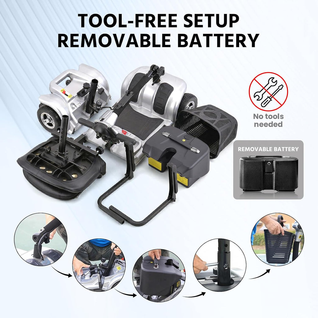 SUNDERWELL Mobility Scooters for Seniors & Adults, Compact Foldable Mobility Scooter with Tool-Free Disassembly, 15 Miles Electric Powered Mobility Scooters with 300 lb Capacity & USB Port (Silver)